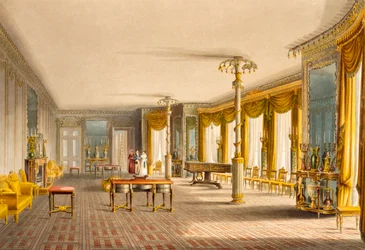 The North Drawing Room, vagy Music Room Gallery from the Views of the Royal Pavilion, Brighton, John Nash (1752-1835) 1826 (akvatinta)